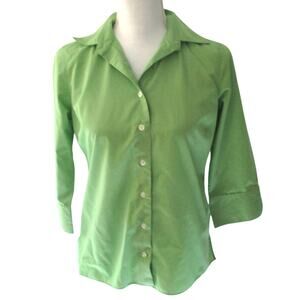 Lands End Women's Petite Green 3/4 Sleeve Wrinkle Free Button Front Blouse 2P